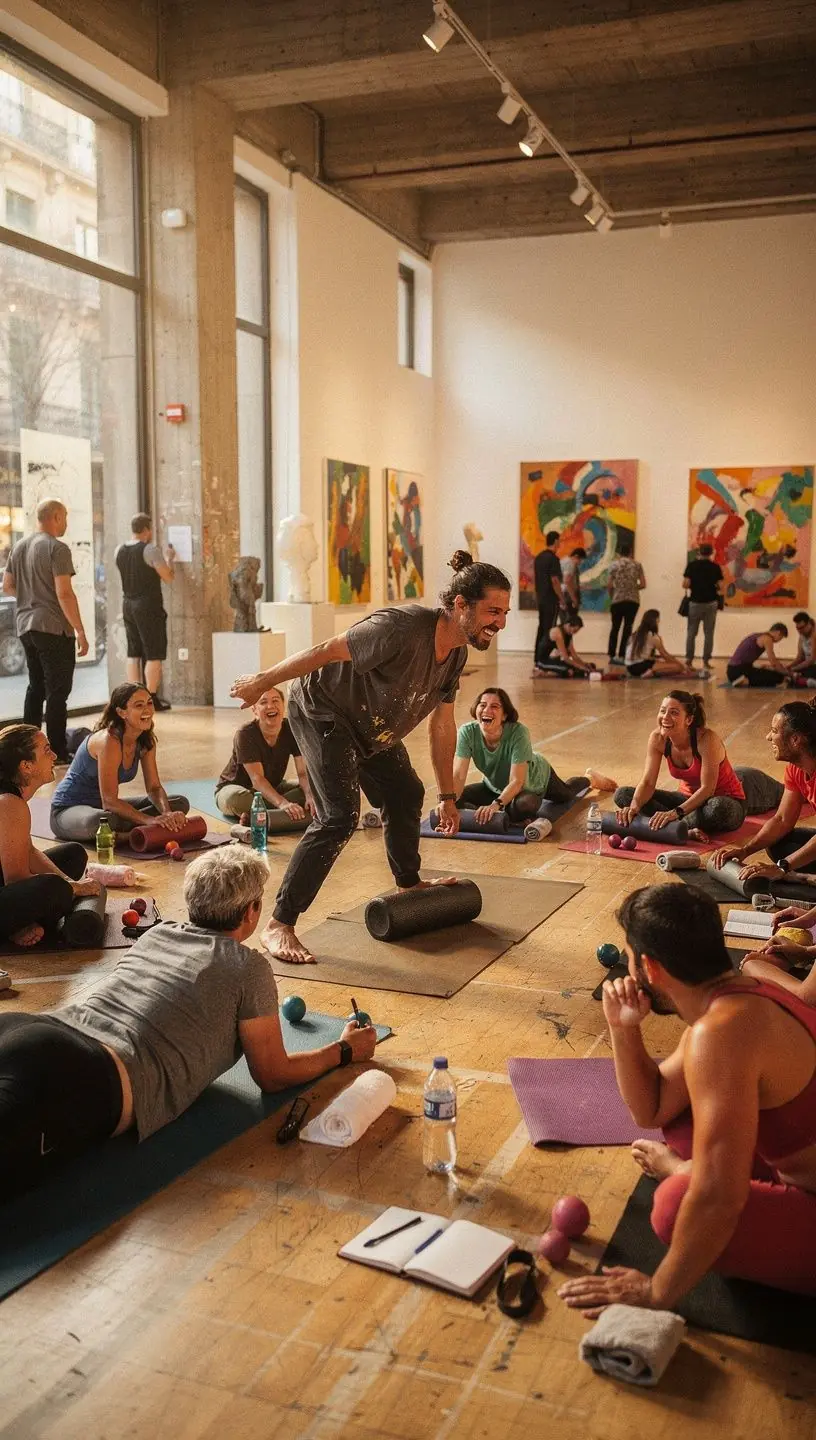 Grupo de personas en una clase de yoga enfocándose en técnicas miofasciales.