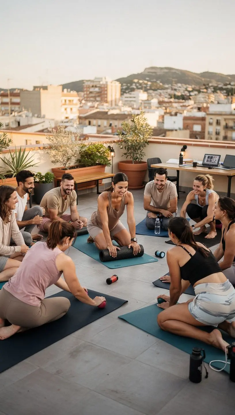 Vista cercana de manos aplicando presión suave sobre la fascia en una sesión de yoga.