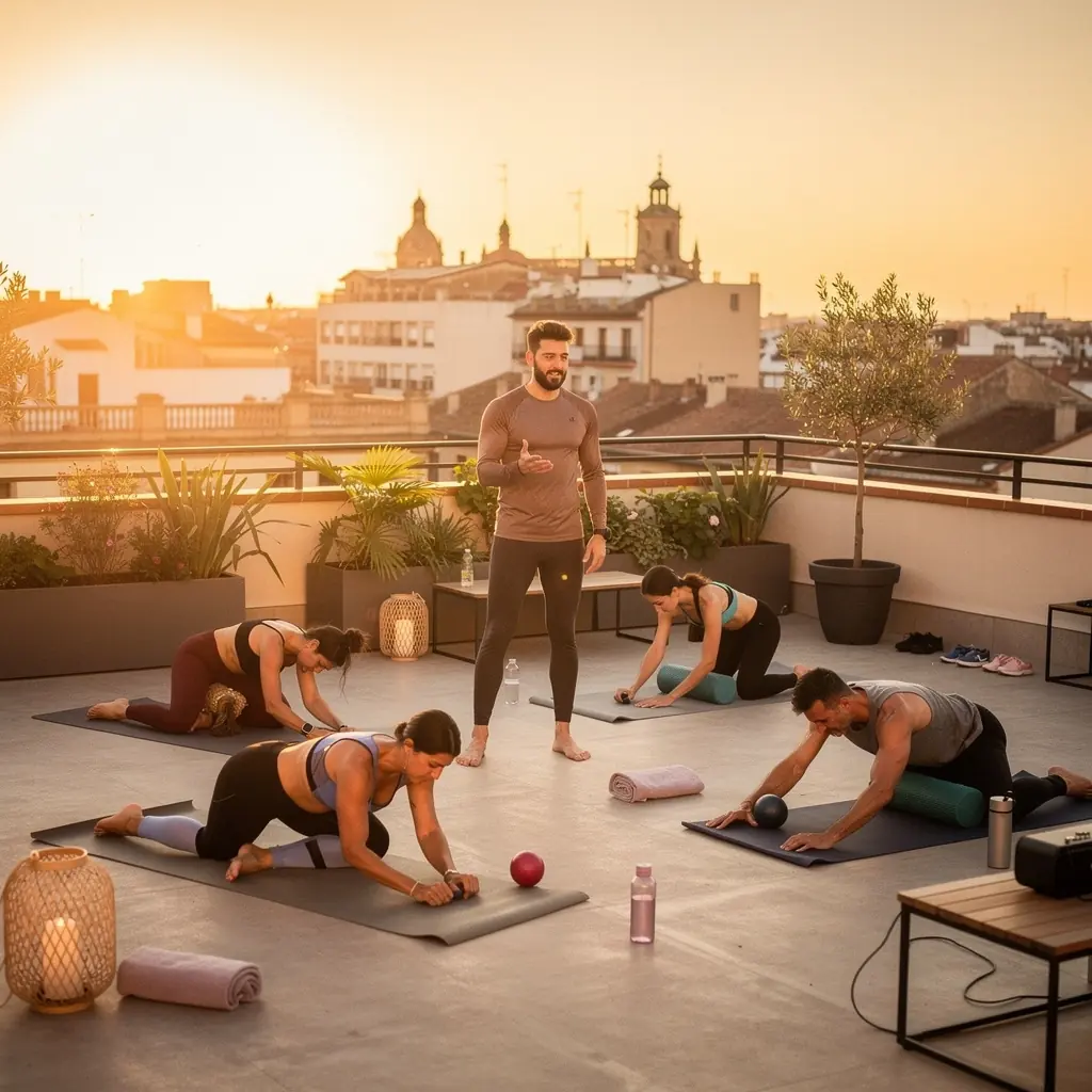 Grupo de personas en una clase de yoga enfocándose en técnicas miofasciales.