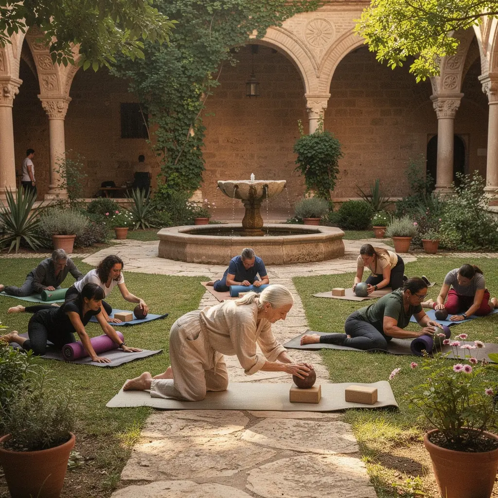 Grupo de personas en una clase de yoga enfocándose en técnicas miofasciales.