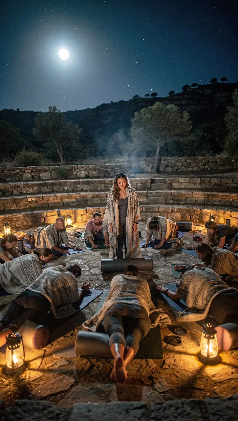 Grupo de personas en una clase de yoga enfocándose en técnicas miofasciales.
